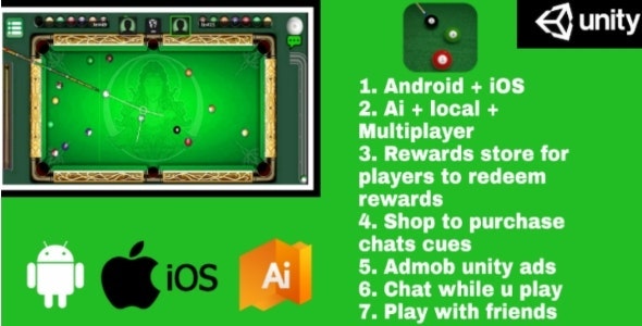 Billiards Multiplayer - 8 Ball Pool With AI & Reward Store | Google AdMob | Unity Ads | Android+iOS