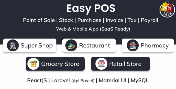 Easy POS- Point of Sale | Stock | Purchase | Invoice | Tax | Payroll | Web Mobile App (SaaS Ready)