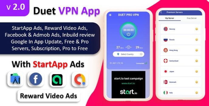 Duet Pro VPN App | Secure VPN App  Fast VPN | Subscription | StartApp Ads | Facebook  Admob Ads