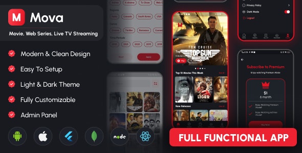 Mova - Movie, Web series, Live TV Streaming Flutter App script with Admin Panel