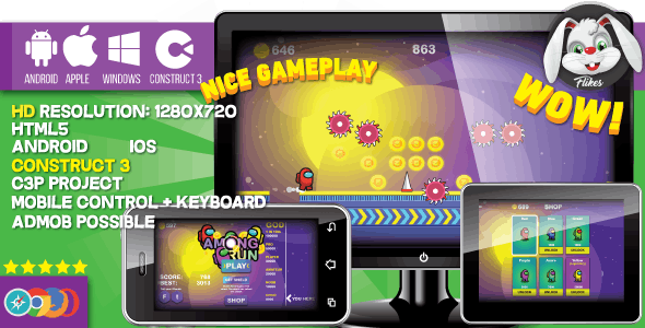 Among Run - HTML5 game, Construct 3 (.c3p) + mobile, sharings, shop, AdMob possible