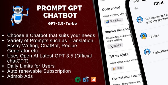 PromptGPT for IOS - AI Multi Chatbot based on ChatGPT GPT 3.5 and OpenAI | IOS Swift Full Applicatio