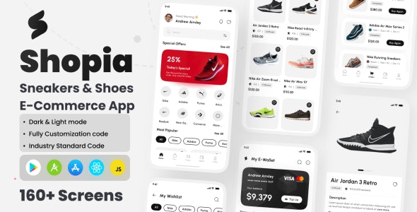Shopia - Sneakers Shoes E-Commerce App React Native CLI Ui Kit