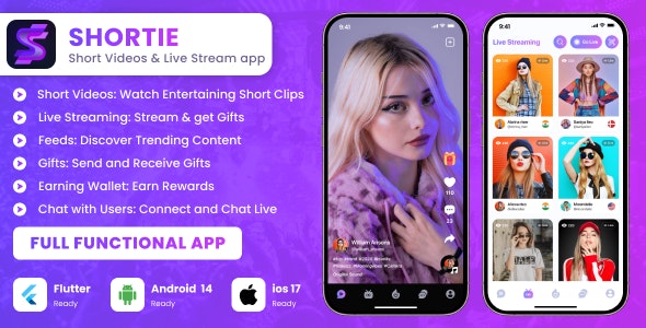 Shortie - Short video  Live streaming app with admin panel | Flutter script | Android | iOS