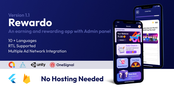 Rewardo : Flutter Quiz Rewarding  Earning App for iOS and Android with Admin Panel