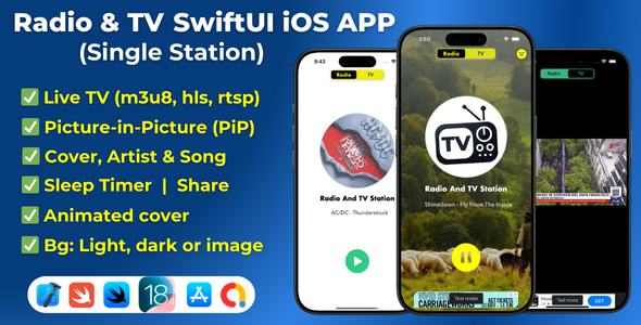 Radio  TV SwiftUI APP, Radio iOS and TV iOS 18, Live TV, iOS App Template (Single Station)