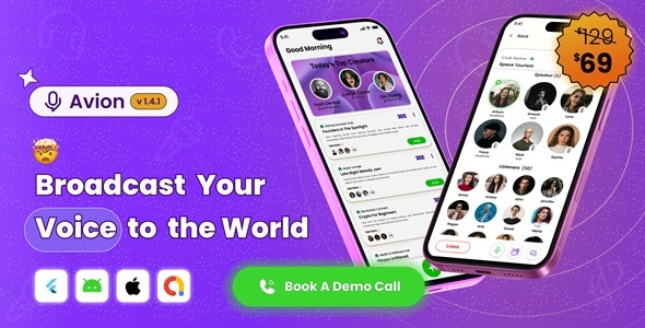 Avion Flutter Real‑Time Voice Chat, Group Audio Calls Conferencing App with Social Media and Admob