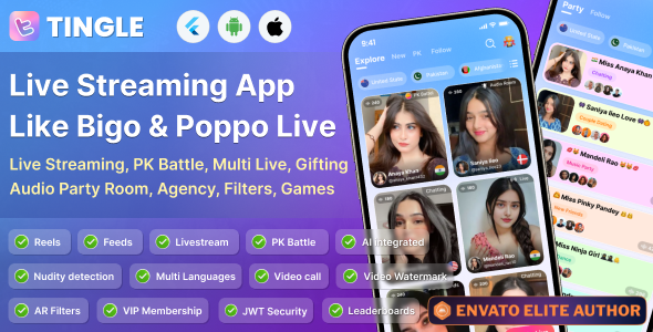 Tingle: Live streaming, PK battle, Audio room, Games, Agency source code, Poppo clone, Android iOS