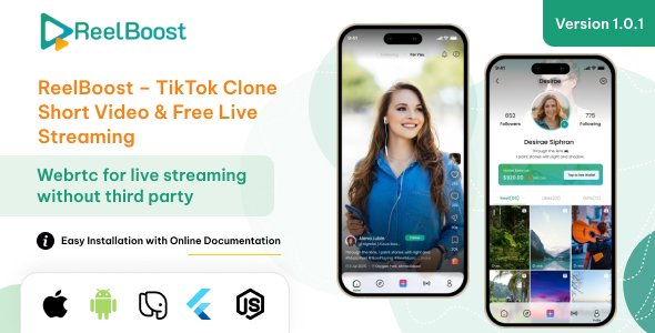 ReelBoost – TikTok Clone App | Short Video  Live Streaming App With Admin Panel (Node,js Backend)
