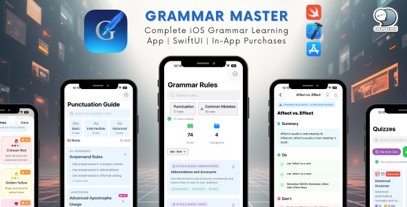 Grammar Master - Complete iOS Grammar Learning App | SwiftUI | White Label Ready | In-App Purchases