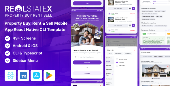 RealStateX - Property Buy, Rent Sell Classified React Native Mobile App Template