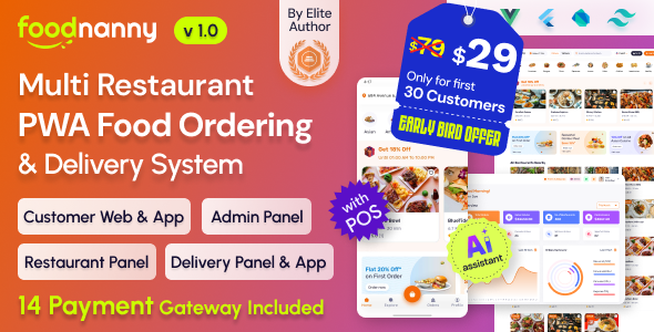 FoodNanny - Multi Restaurant Food Delivery App with PWA Website Laravel Admin with AI Assistant