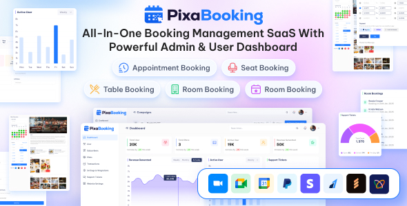 PixaBooking – Booking Management SaaS System Platform with Admin User Dashboard