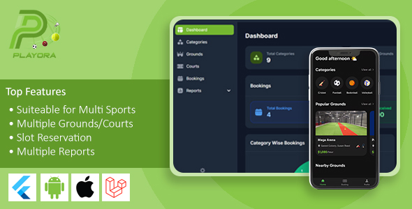 Playora - Multi-Sport Ground  Court Booking Mobile App with Laravel Admin