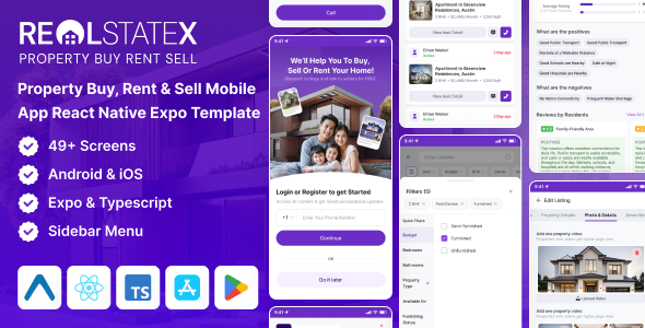 RealEstateX - Expo Property Buy, Rent Sell Classified React Native Mobile App Template