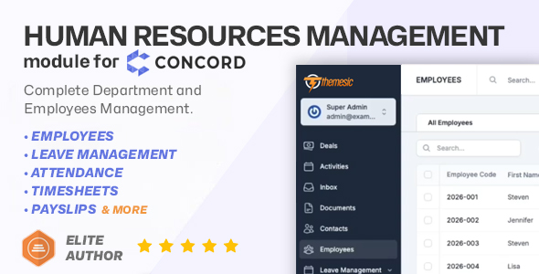 Human Resources Management for Concord CRM - HRM, Employees, Payroll, Leave, Attendance Timesheets