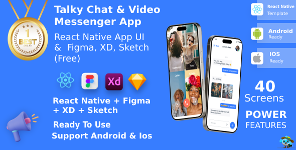 Chat  Video Messenger App ANDROID + IOS + FIGMA + XD + Sketch | UI Kit | ReactNative | Talky