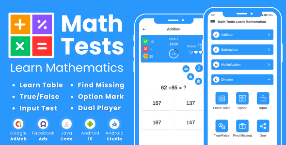 Math Tests Learn Mathematics with AdMob Facebook Ads Android