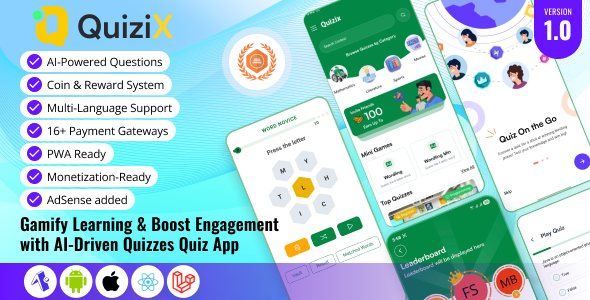 QuiziX – AI Quiz  Trivia Game | React Native Mobile App (Requires QuiziX Platform)