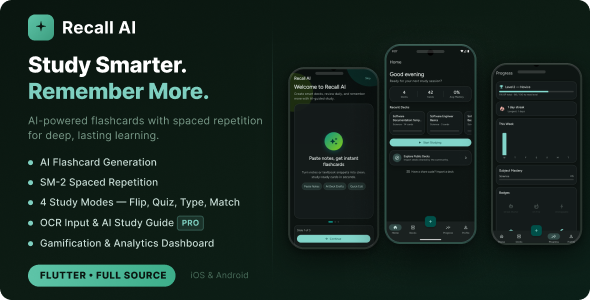 Recall AI – Flutter Flashcard App with AI Generation, Spaced Repetition In-App Subscriptions