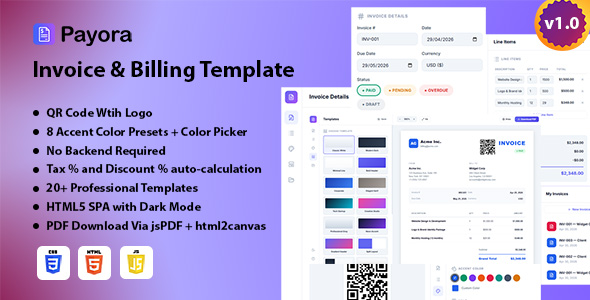 Payora | HTML5 Invoice  Billing Template With PDF Export