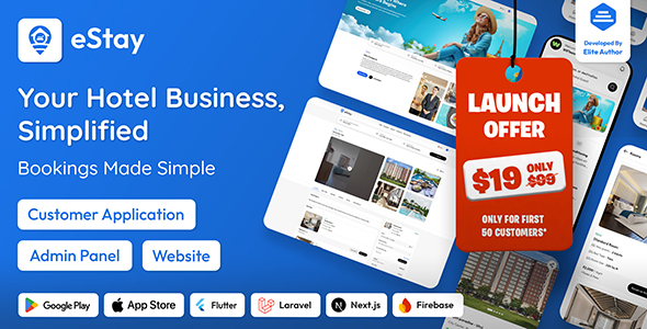 eStay - Hotel Booking  Management System with Flutter App, PWA Web  Laravel Admin
