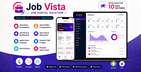 Job Vista | Flutter Job Portal App with Laravel API and React Admin Panel