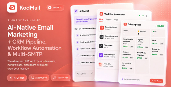KodMail- AI-Native Email Marketing + CRM Pipeline, Campaign Builder, Automation  Multi-SMTP (SaaS)