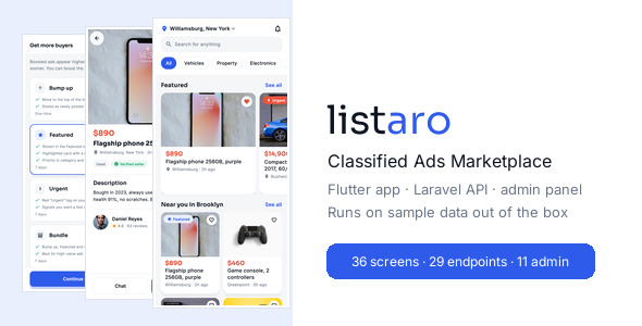 Listaro | Flutter Classified Ads Marketplace App With Laravel Admin Panel