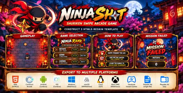 Ninja Shot | Shuriken Swipe Arcade Game - Construct 3 HTML5 Reskin Template